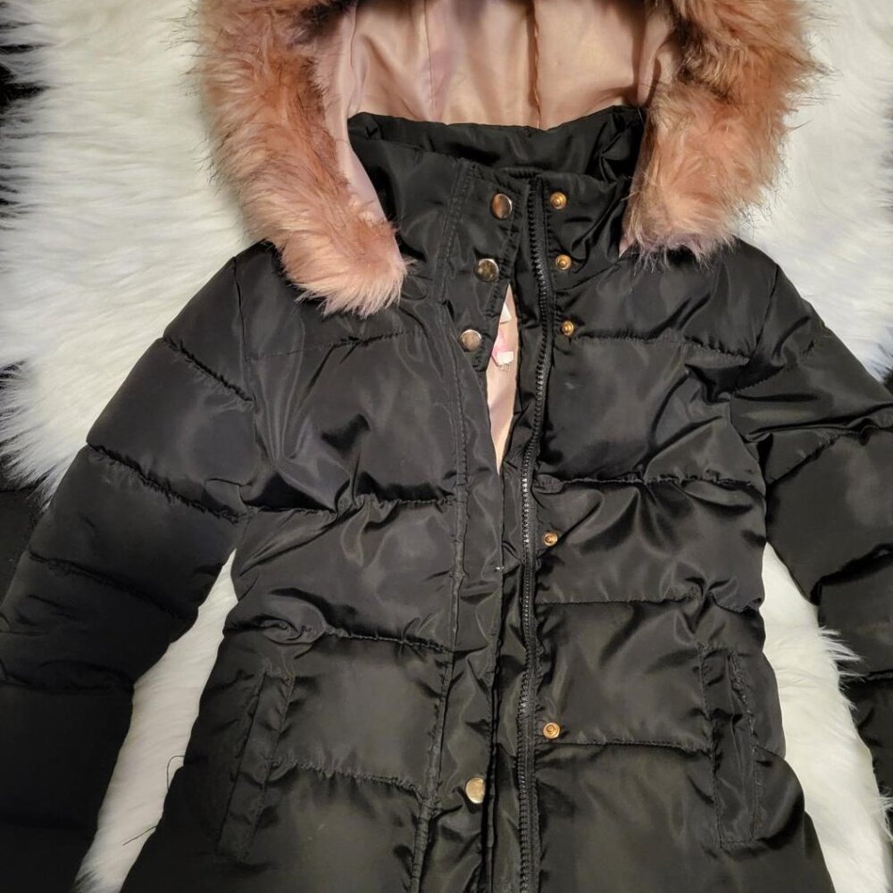 "SONO KIDS" GIRL FAUX FUR TRIMMED HOOD BLACK PUFFER  JACKET - SIZE 7